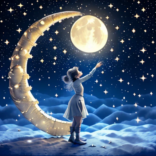 One girl,Are standing, 三日moon_moon on null, Earth_\(planet\), Glow worms, firework, full_moon, milky methods, Light_particle, Milky_method, moon, moonlight, night, night_null, planet,