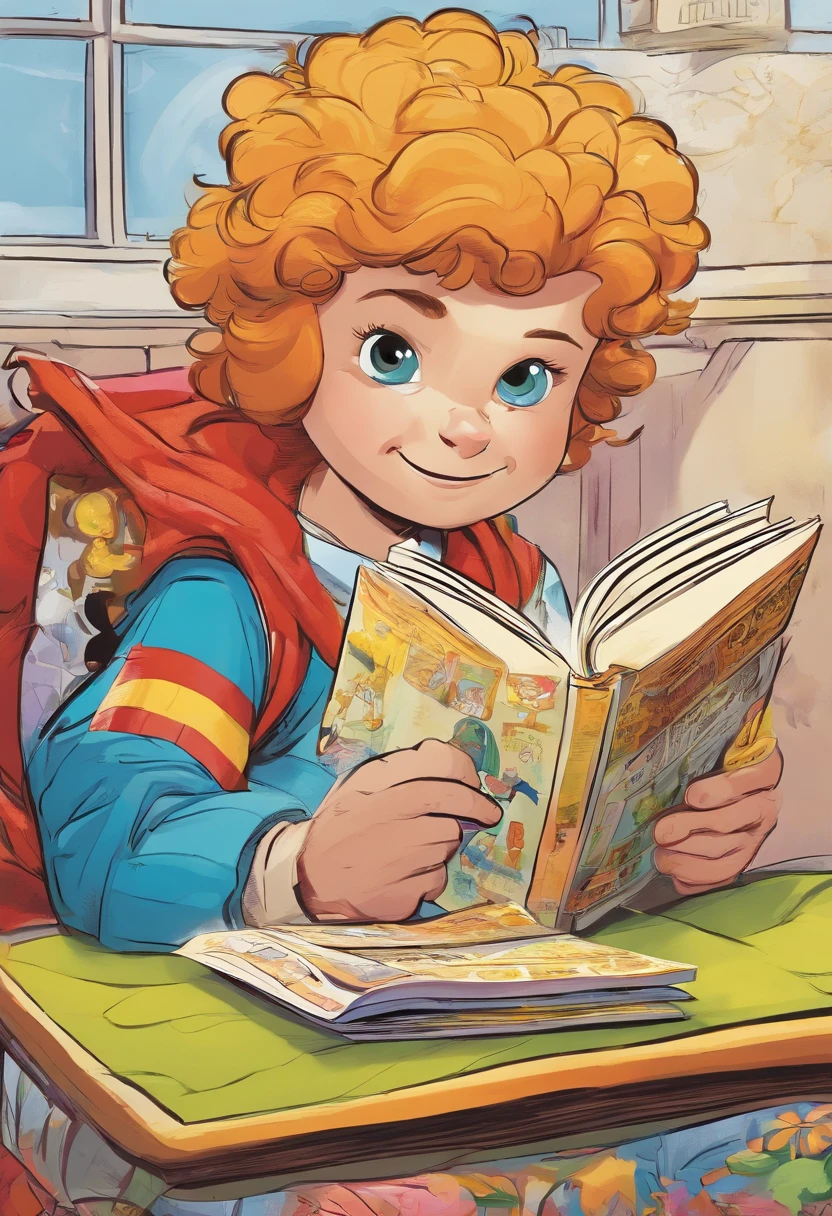 Ein Kind, who has a book in his lap, halbportrait, im Stil Comic Cover , farbenfrohe Animationsstills, Abonnieren, Acryl, Carl Barks, Heldenstil,