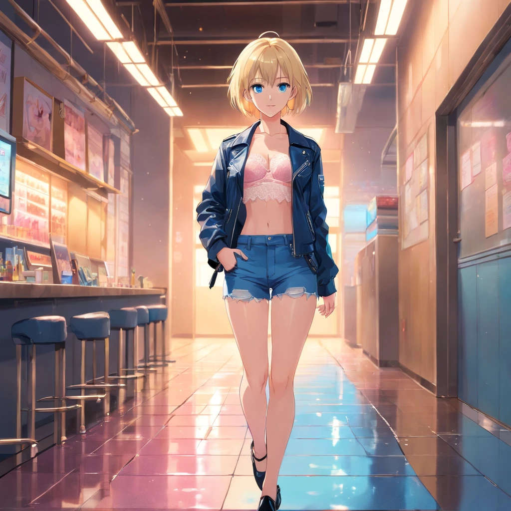 Women, ((Blonde)), ((Blue eyes)), ((Short hair)), ((Full shot)), very detailed makeup, pale pink lipstick, long earrings, wears leather jacket ((with lace bra)) and jean shorts, and fishnet stockings and black high heels with Louboutin style heels ((wearing high heels)) ((Full Body)) ((wet floor))