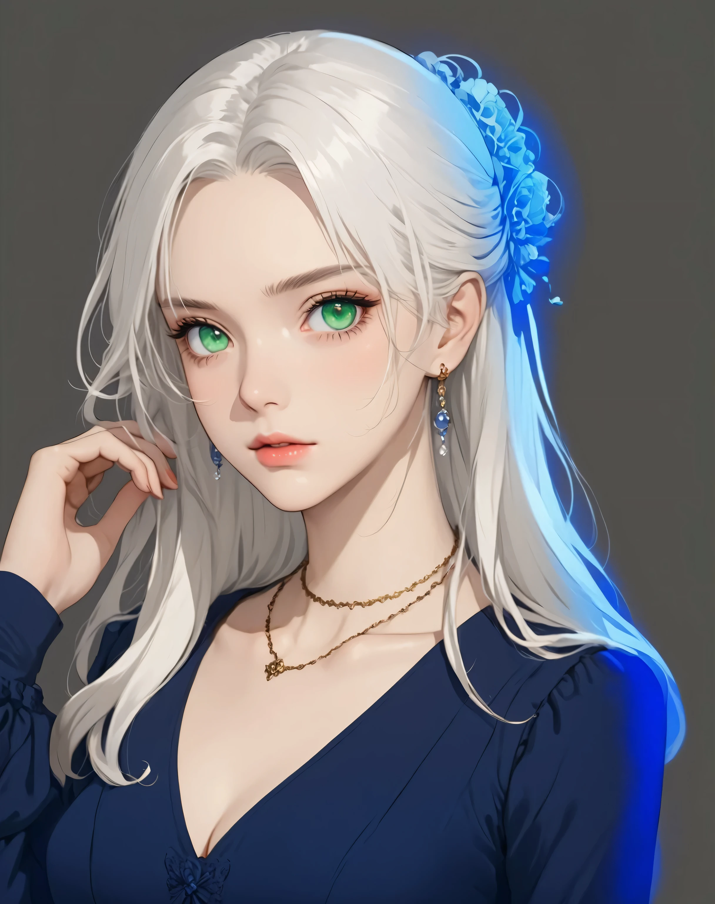 girl, green eyes, white hair, beautiful, tight blue dress, anime style, masterpiece, european, victorian era, classical, slim, beautiful illustration, visual novel, highly detailed, masterpiece, 2d, niji,