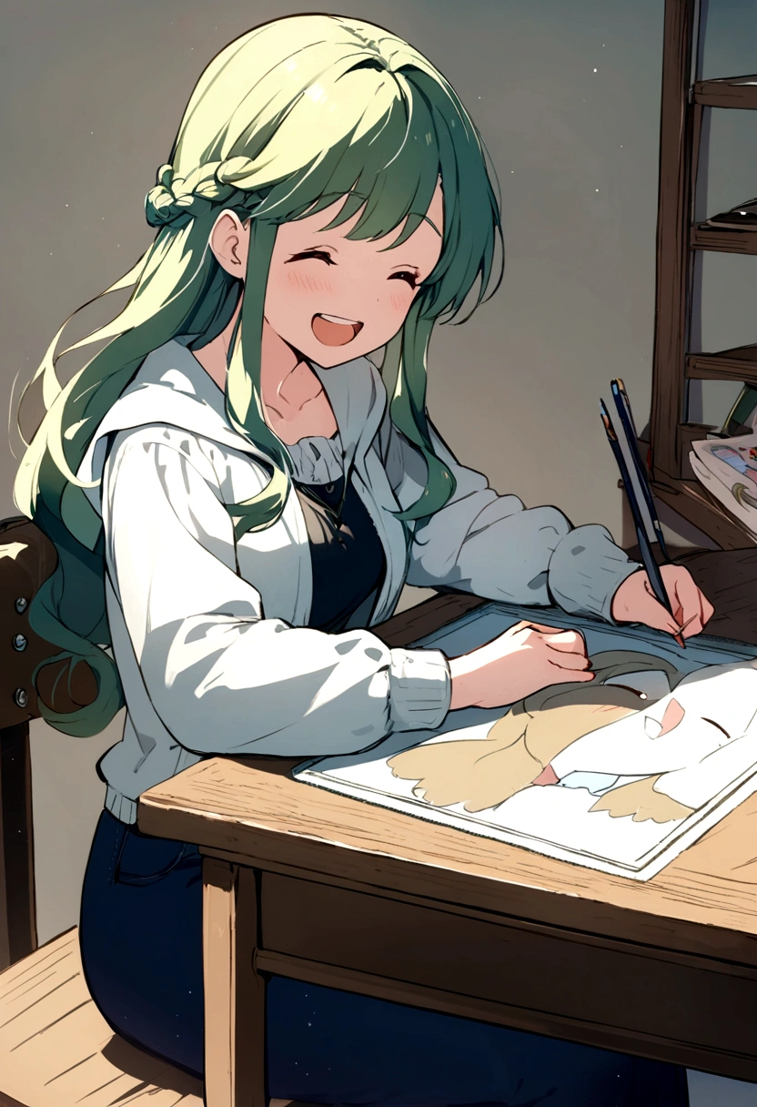 Beautiful anime style girl,Sitting at a desk drawing a picture,laughing