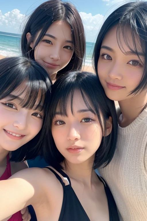 Three smiling girls, Blowing in the wind for a long time [Blue-black:.3] hair,View your viewers, (masterpiece:1.3), (8K, Realistic, RAW Photos, Highest quality: 1.4), Japanese, (One Girl), Beautiful Face, (Realistic Face), (black hair, short hair:1.3), beautiful hairstyle, Realistic eyes, Beautiful details, (Realistic Skin), Beautiful Skin, charm, Ultra-high resolution, Ultra-realistic, Very detailed, Beach, Shooting with a smartphone、Nipples、Selfie