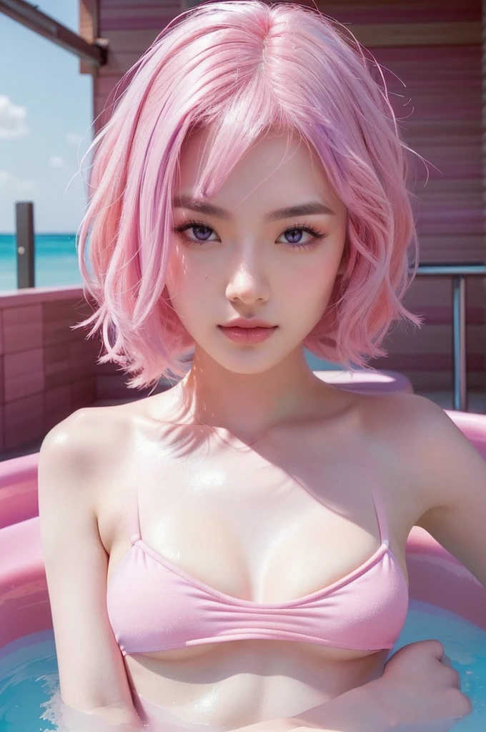 arafed woman in a pink bikini and hat in a hot tub, smooth pink skin, cute girl with short pink hair, pale pink bikini, pink girl, light pink bikini, with pink hair, pastel pink skin tone, pink skin, some pink, pink pastel, pastel pink, pink body, flowing pink hair, pink vibe