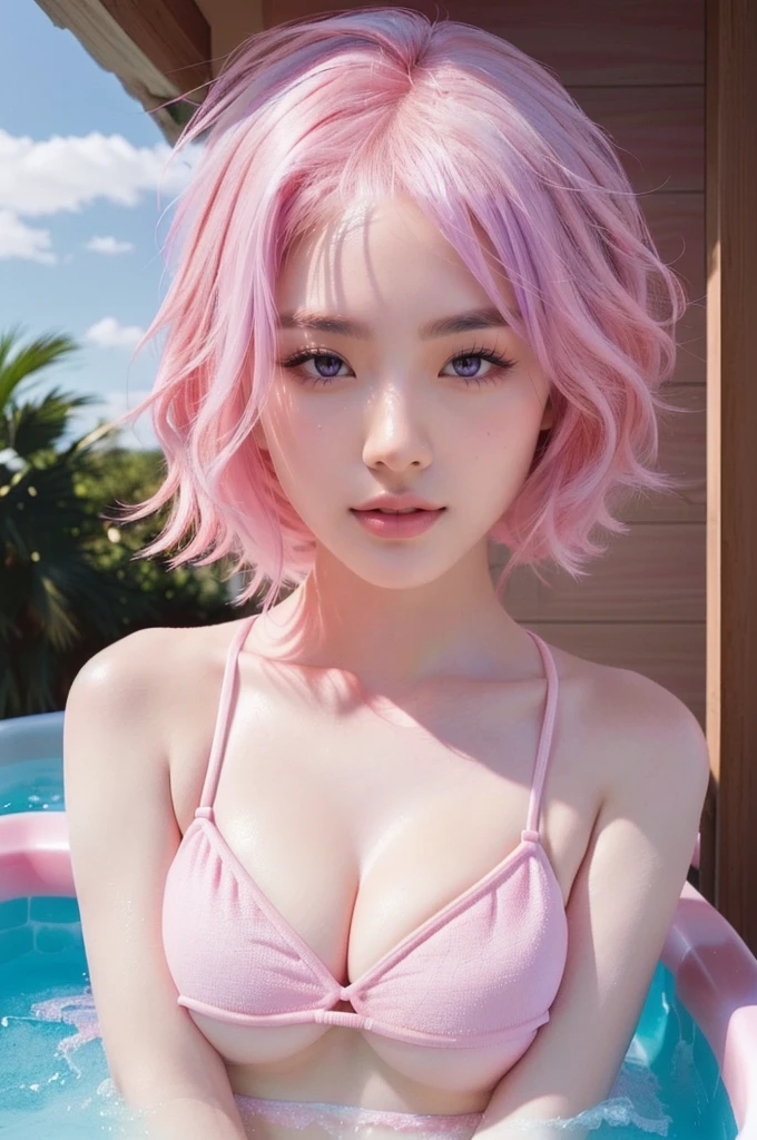 arafed woman in a pink bikini and hat in a hot tub, smooth pink skin, cute girl with short pink hair, pale pink bikini, pink girl, light pink bikini, with pink hair, pastel pink skin tone, pink skin, some pink, pink pastel, pastel pink, pink body, flowing pink hair, pink vibe