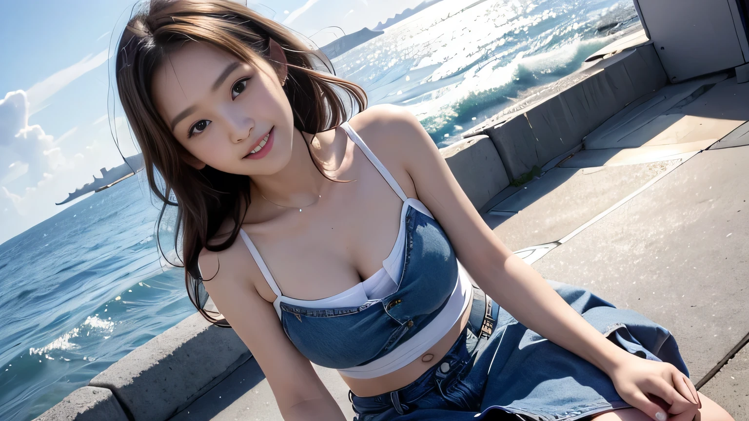 Japanese black-haired high school girl。A very cute face like a popular idol。Translucent white skin。Denim skirt too short。Very slim and beautiful legs。Sitting on the seaside。Her breasts are so big they seem to burst from her camisole。Smiling slightly at the camera。Real Video。