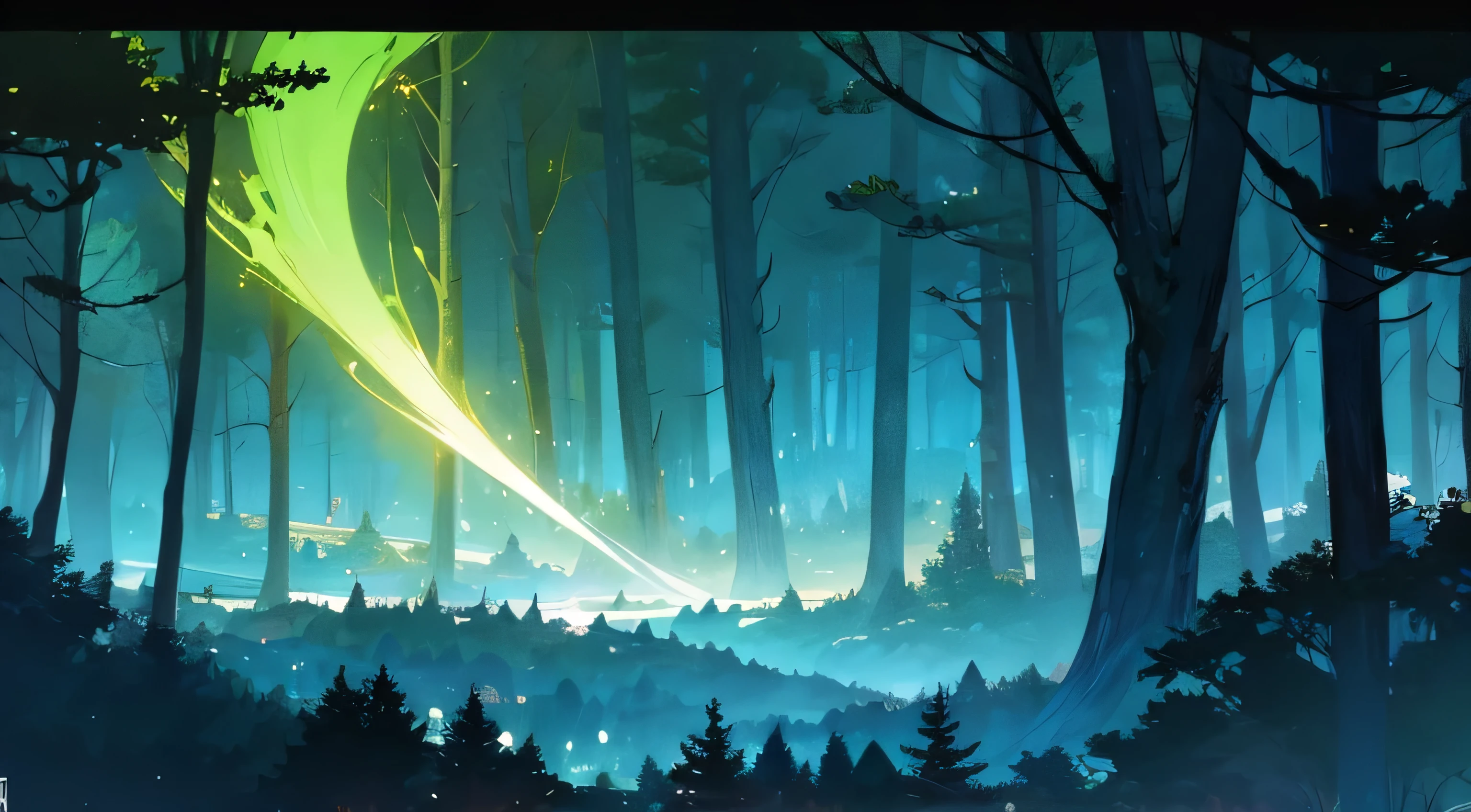 Fantasy、in the forest、night、Illustrated style、landscape、People don't write