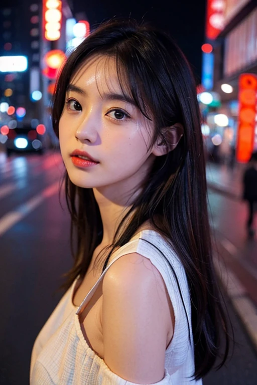 One girl、Tokyo cityscape、night、Cityscape、City lights、Upper body、Close-up、8k、Raw photo、highest quality、masterpiece、Realistic、Photorealistic、Okinawa