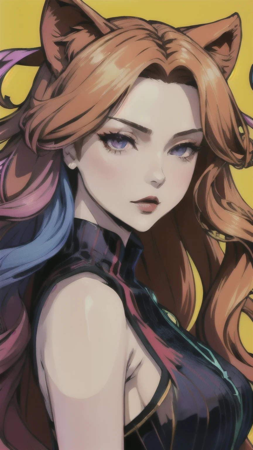 In a cacophony of vibrant neon colors, a seductive, sinister anime woman with wavy brown hair, bright red lipstick and brown eyes stares out at the world while immersed in a metamorphosis-induced hallucination. Reminiscent of a bold neon golden lion, this mesmerizing illustration captures her twisted beauty and inner turmoil in an anime-style painting. Every detail, from the intricate design of her dress to the intensity of her facial expression, has been meticulously crafted to create an image of exceptional quality that is both visually stunning and emotionally compelling.