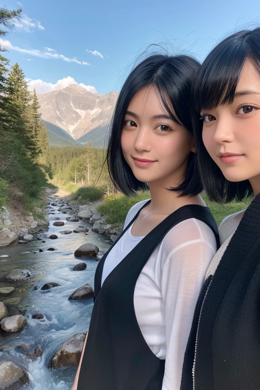 Three smiling girls, Blowing in the wind for a long time [Blue-black:.3] hair,Show Viewer, (masterpiece:1.3), (8k, Realistic, RAW Photos, highest quality: 1.4), Japanese, (One Girl), Beautiful Face, (Realistic Face), (black hair, short hair:1.3), beautiful hairstyle, Realistic eyes, Beautiful details, (Realistic Skin), Beautiful Skin, charm, Ultra-high resolution, Ultra-realistic, Very detailed, Mountain stream, Shooting with a smartphone