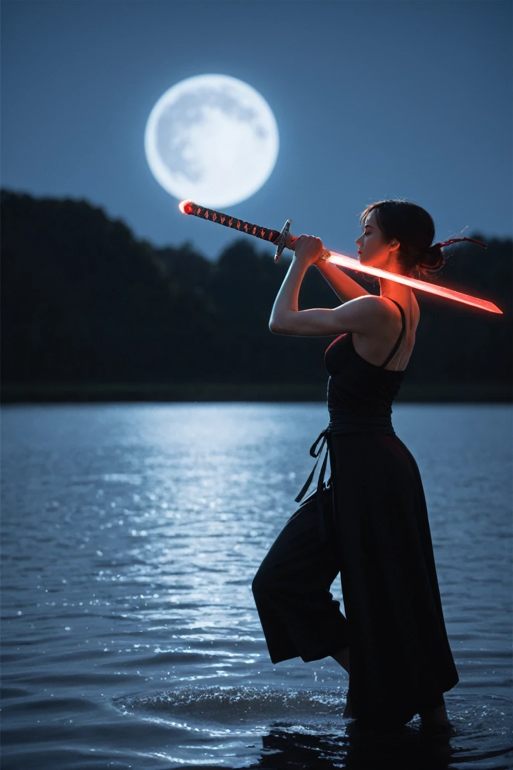 score_9, score_8_up, score_7_up, BREAK,
heroine dancing sword silhouette, anatomically correct, glowing sword, moving posture, holding the hilt of a sword, solo, on the lake, high contrast, movie lighting, enigmatic atmosphere, corrugation, splashing water, moon, motion blur, swordsman, Kungfu, black silhouette, glowing sword blade made of ruby