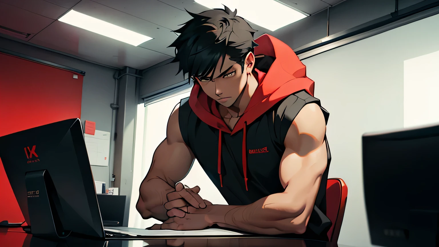 Anime-styled, minimalist business character, clad in a sleeveless red and black hoodie, is depicted in high-resolution, 8K, exemplifying a masterpiece. He sits poised behind his laptop in his office, arms rested on the desk under volumetric red lighting that fills the room, creating an atmosphere of focus and intensity. His hands, wrapped in hand wraps, rest calmly, reflecting his masculine build. The overall image possesses a connection to minimalism, featuring a flat illustration, bold lines, and a simplified, gouache-like quality. The character faces the camera directly, his posture straight and centered, conveying a sense of purpose