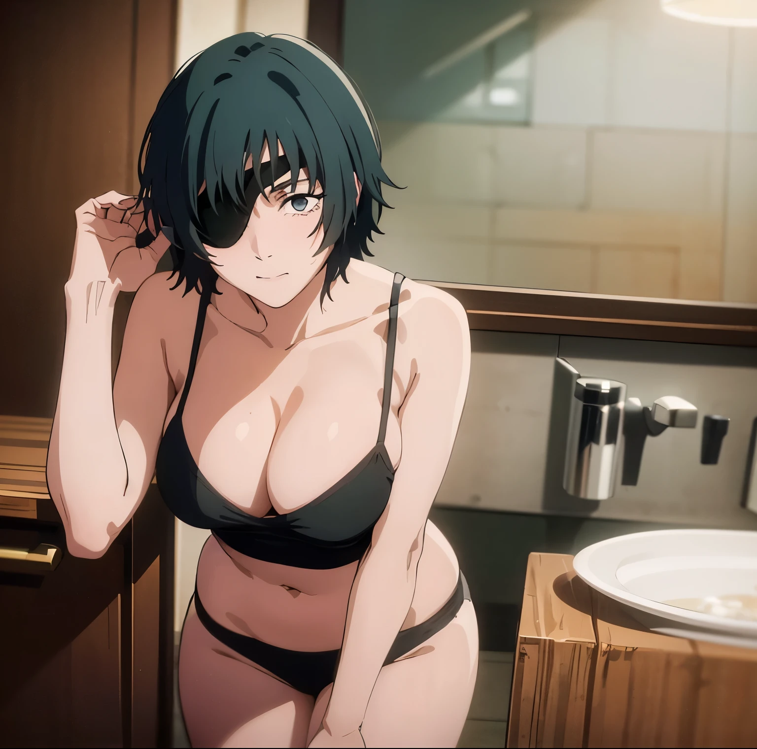 1girl, alone, himeno (chainsaw man), short hair, black hair, black pirate eye patch, green eye, large breasts, medium waist, wide hips, medium thighs, eye patch, Indoor, in office, standing, white shirt, open shirt, short sleeve, cleavage, black pants, tight pants, nsfw, detailed eyes, exposed skin, sexy pose, 1 girl, best quality, shy face, seductive, sexy posture, curvy body, woman mature, 4k, detailed body, detailed face, masterpiece, facing viewer, head on, focus on breasts, pov (from Middle), (perfect hands), (perfect anatomy)