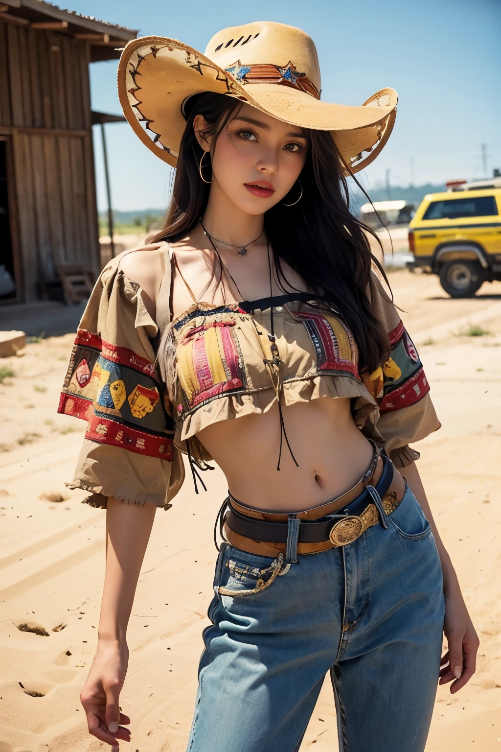 cowboy fashion, Vibrant Texas Landscape, groovy style, nostalgic atmosphere, vibrant tomb floor:0.2 Groovy image of a female cowboy in 80s outfit, Immerse yourself in the vibrant atmosphere of Texas. His attire reflects the fashion trends of the time., soft pattern. cowboy scene is full of dust., Vibrant Texas Sands, And the cowboy moves to the rhythm of the bait. The nostalgic atmosphere transports viewers back to the vibrant and energetic era of the 80s, Capturing the spirit of fun, , The self-expression and, black short hair with bangs, Midshot, central image, ultra detail, Very facial detail, Very eye-fine, female,