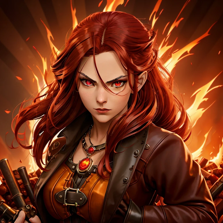 (girl with modest black and red steampunk outfit, steampunk goggles on forehead), elf ears, wide shot, full body, front view, (((crimson eyes))), crimson hair, long hair, ((perfect hands)), gold necklace with red gem, flames surround her, wreathed in flame, global illumination, determined look at the viewer, illustrations, high-quality, ultra-detailed, vivid colors, portraits, warm color tones, soft lighting, long flowing red hair, leather corset, mechanical accessories, industrial background, intense expression, flaming red eyes, (infernal aura), standing before a roaring bonfire, passionate expression, twilight, fiery landscape, crackling flames, intense atmosphere, (crackling embers), (dancing flames), Ignia, fiery eyes, background of blazing inferno