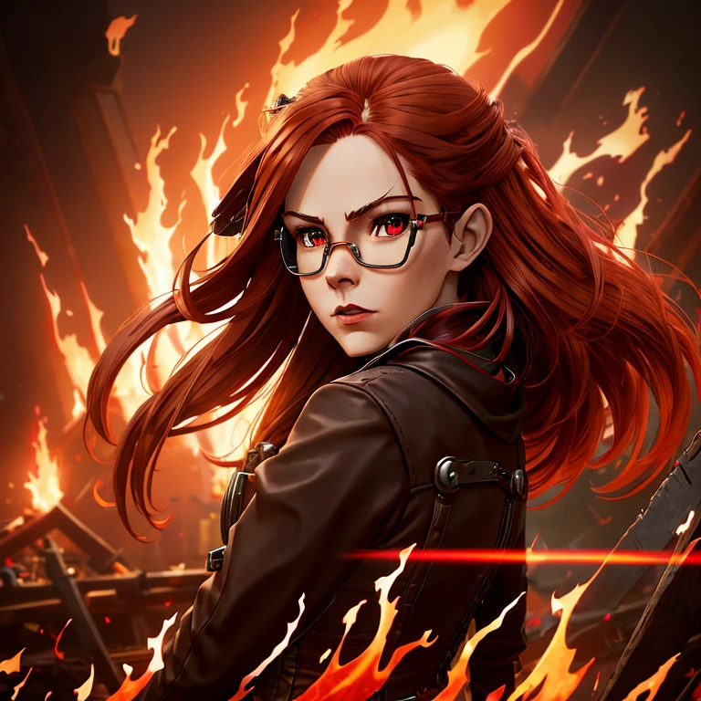(girl with modest black and red steampunk outfit, steampunk goggles on forehead), elf ears, wide shot, full body, front view, (((crimson eyes))), crimson hair, long hair, ((perfect hands)), gold necklace with red gem, flames surround her, wreathed in flame, global illumination, determined look at the viewer, illustrations, high-quality, ultra-detailed, vivid colors, portraits, warm color tones, soft lighting, long flowing red hair, leather corset, mechanical accessories, industrial background, intense expression, flaming red eyes, (infernal aura), standing before a roaring bonfire, passionate expression, twilight, fiery landscape, crackling flames, intense atmosphere, (crackling embers), (dancing flames), Ignia, fiery eyes, background of blazing inferno