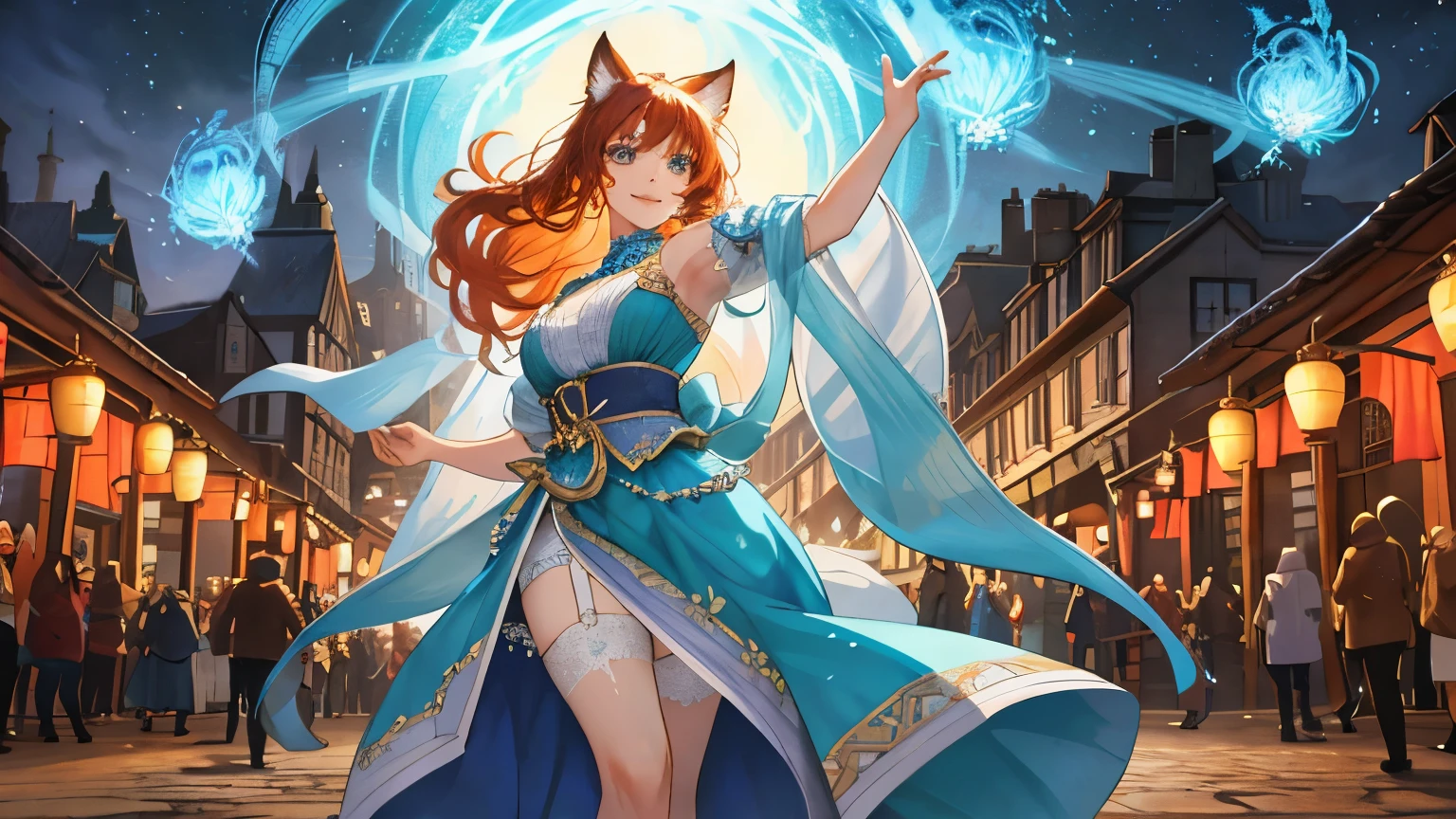 In the mesmerizing, captivating tableau of the enchanted scene, structures of fantastical, ethereal origins gracefully adorn the picturesque village backdrop, casting long, intricate shadows that dance and flicker upon the cobblestone streets. Amidst the vibrant, energetic atmosphere of the village festival, a mesmerizing, fiery-haired beauty with cat ears stands at the center, her icy-cold gaze hidden behind a sultry smile that sends shivers down the spectators' spines. Adorned only by a loosely tied cloth and a garter belt, the top half of her body displays the enticing allure of her ample,