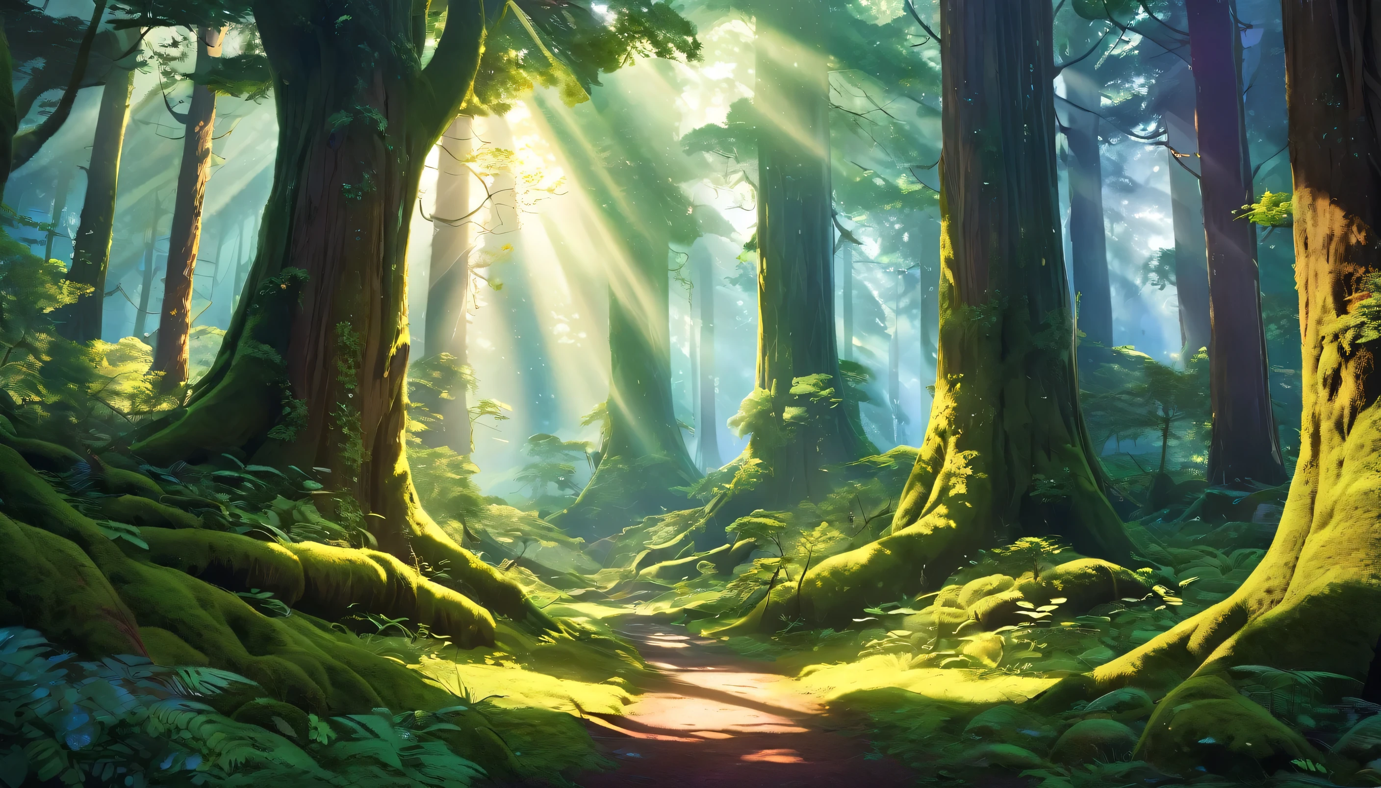 a beautiful old-growth forest, moss-covered giant trees, rays of sunlight filtering through the canopy, a magical fantasy landscape, highly detailed, 8K, dramatic lighting, vibrant colors, atmospheric, cinematic, fantasy art style, digital art, photorealistic
