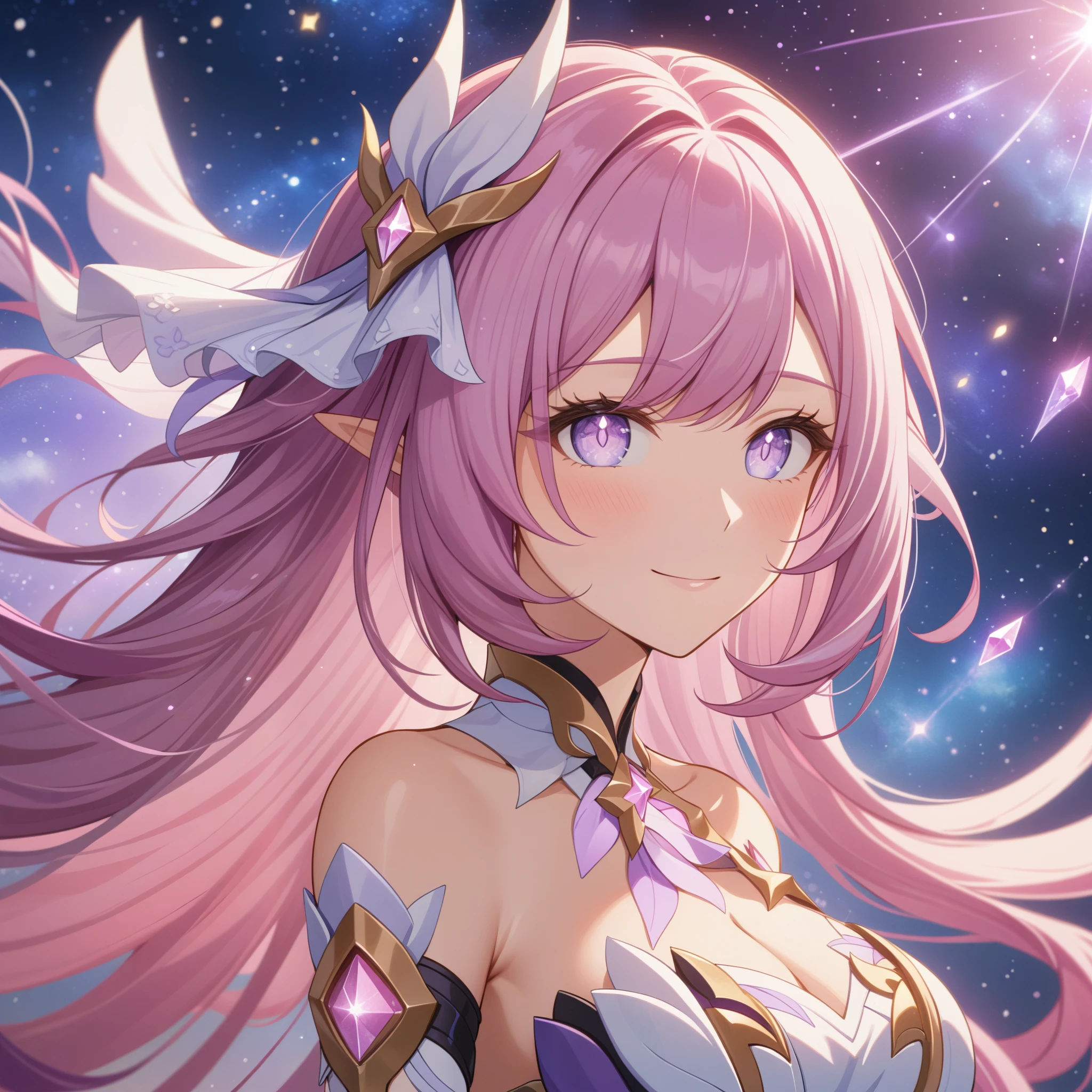 ai-generated,very aesthetic,1girl,elysia_/(herrscher_of_human:ego/)_/(honkai_impact/),pointed_ears,pink_hair,dreamy anime fantasy background,raytracing,light purple eyes,well-defined pink diamond pupils,floating,light particles,dsmile,breathtakingly gorgeous multicolored starry sky,gentle smile,celestial,cosmic tree in background,intricate,large breasts,goddess,vibrant rich hdr color,cel shading,(best quality,4k,8k,highres,masterpiece:1.2)