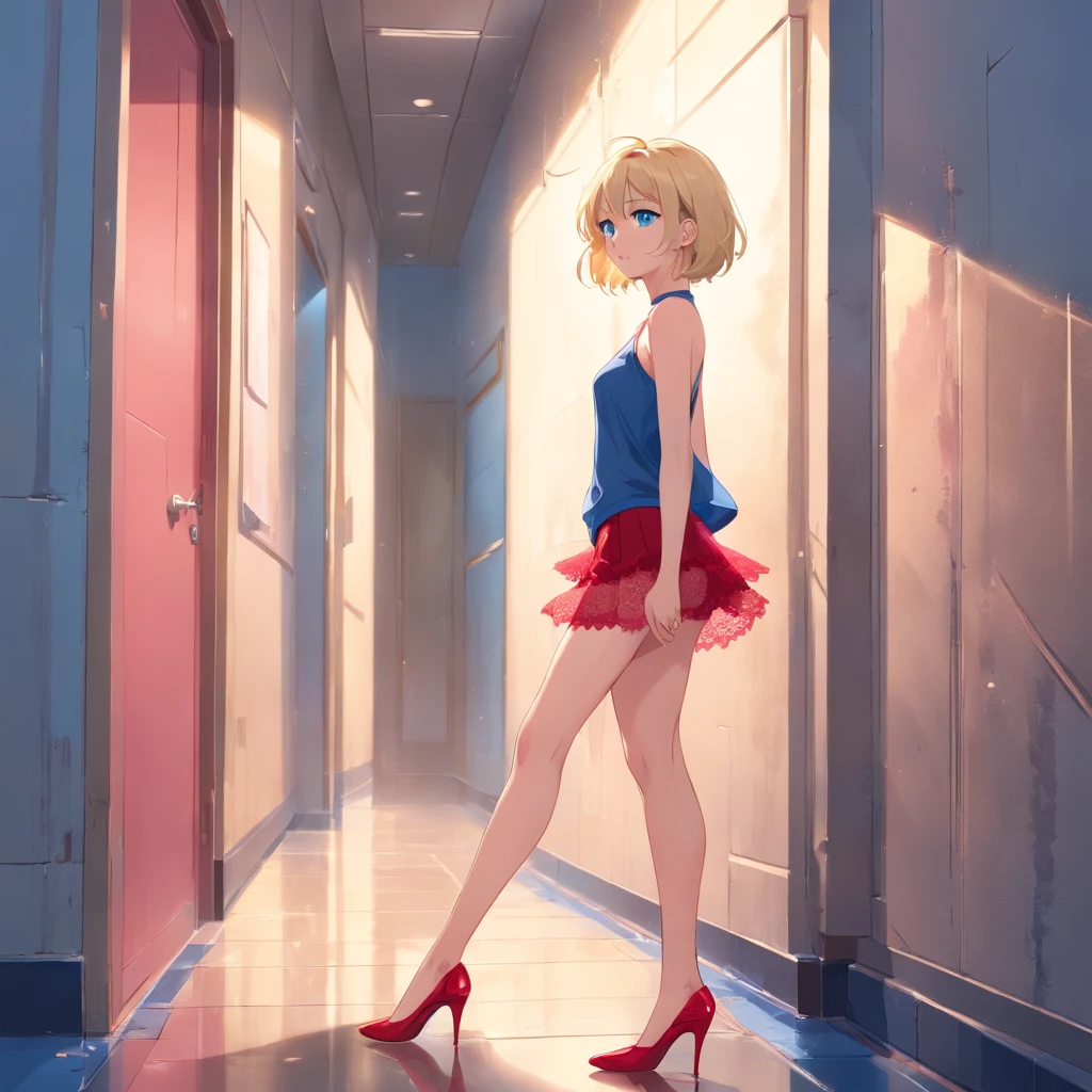  Women, ((Blonde)), ((Blue eyes)), ((Short hair)), ((Full shot)), very detailed makeup, pale pink lipstick, long earrings, Standing against a wall, wearing red lace underwear and high heels ((wearing high heels)) ((Full Body)) ((wet floor))