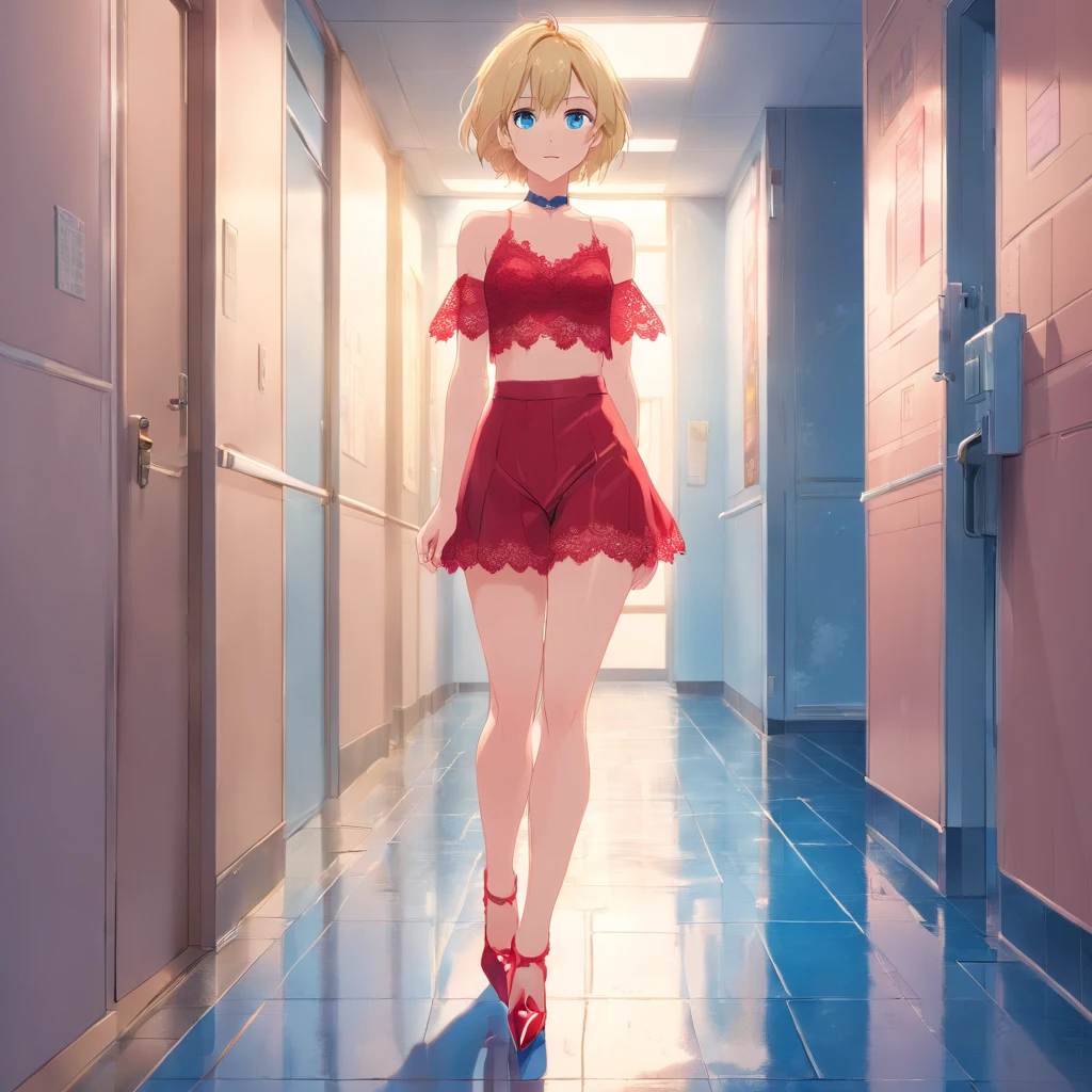  Women, ((Blonde)), ((Blue eyes)), ((Short hair)), ((Full shot)), very detailed makeup, pale pink lipstick, long earrings, Standing against a wall, wearing red lace underwear and high heels ((wearing high heels)) ((Full Body)) ((wet floor))