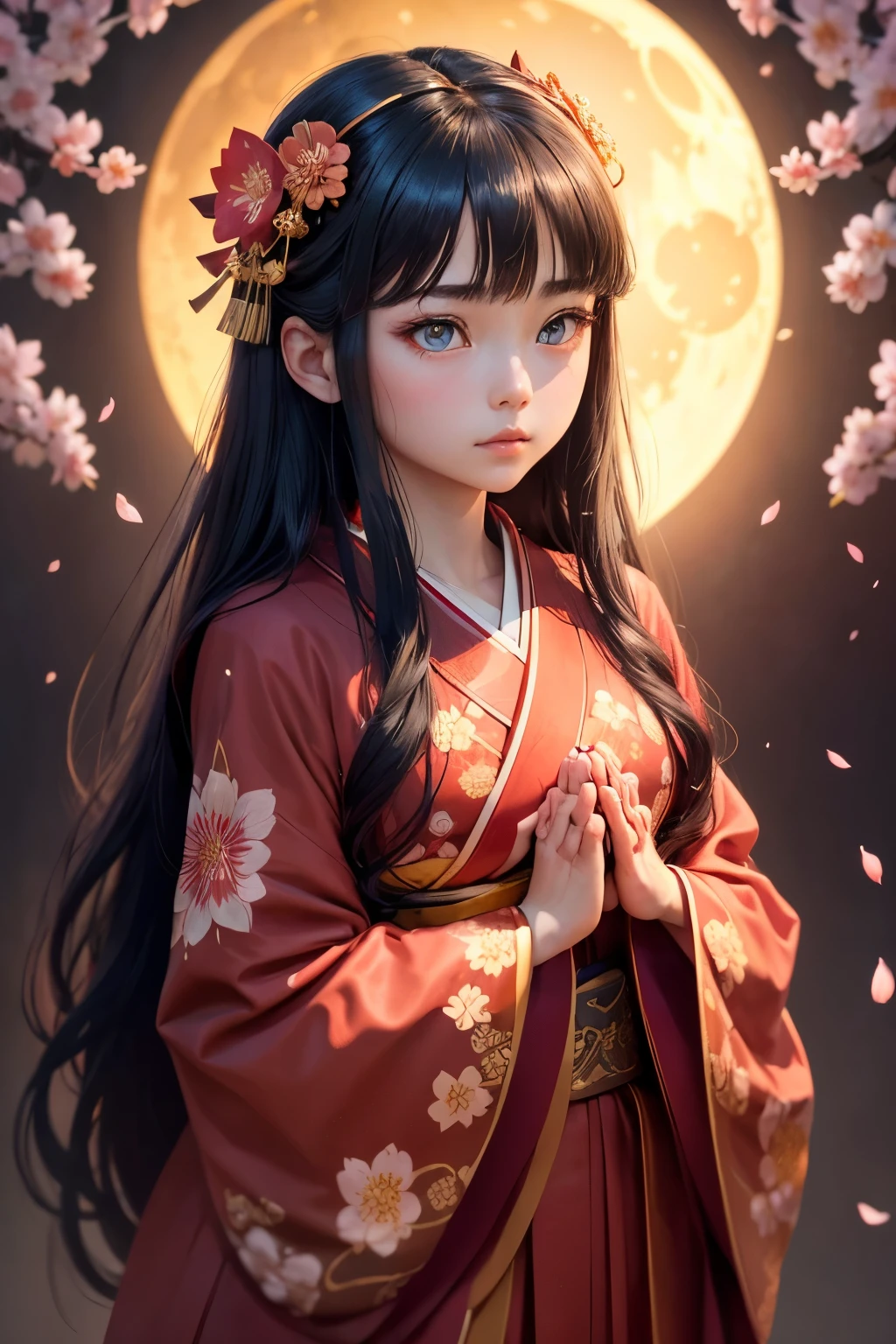 ((Praying Hands)),Upper Body,((Looking at the audience)),Facing the front,Gorgeous red kimono,Intricate patterns that complement the kimono,Long black hair,Pink cherry blossom hair accessory,Beautiful and delicate face,blue eyes,Big eyes,Extremely fine resolution,highest quality,Golden Background,((Golden Moon)),Mysterious,Cherry Blossoms at Night