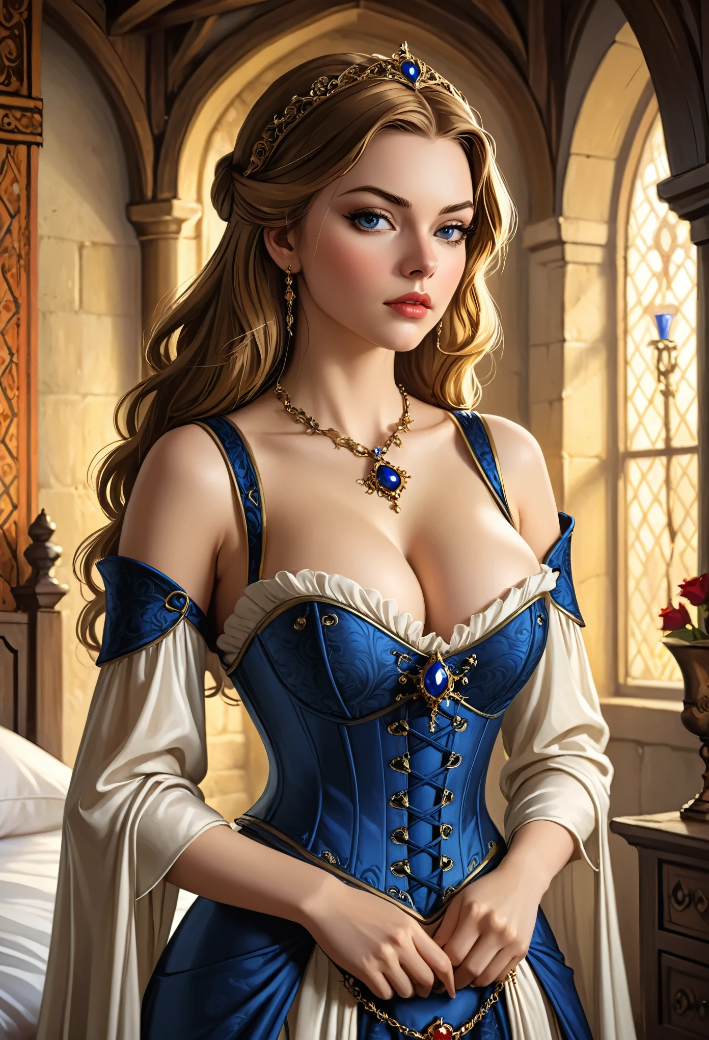 beautiful portrait of stunningly beautiful Margaery Tyrell as a medieval courtesan, corset, low-cut neckline, cleavage, large brests, jewelry, sharp focus on the eyes, fantasy concept art, , sultry look, seductive, inviting expression, detailed medieval bedroom in background, seductive pose