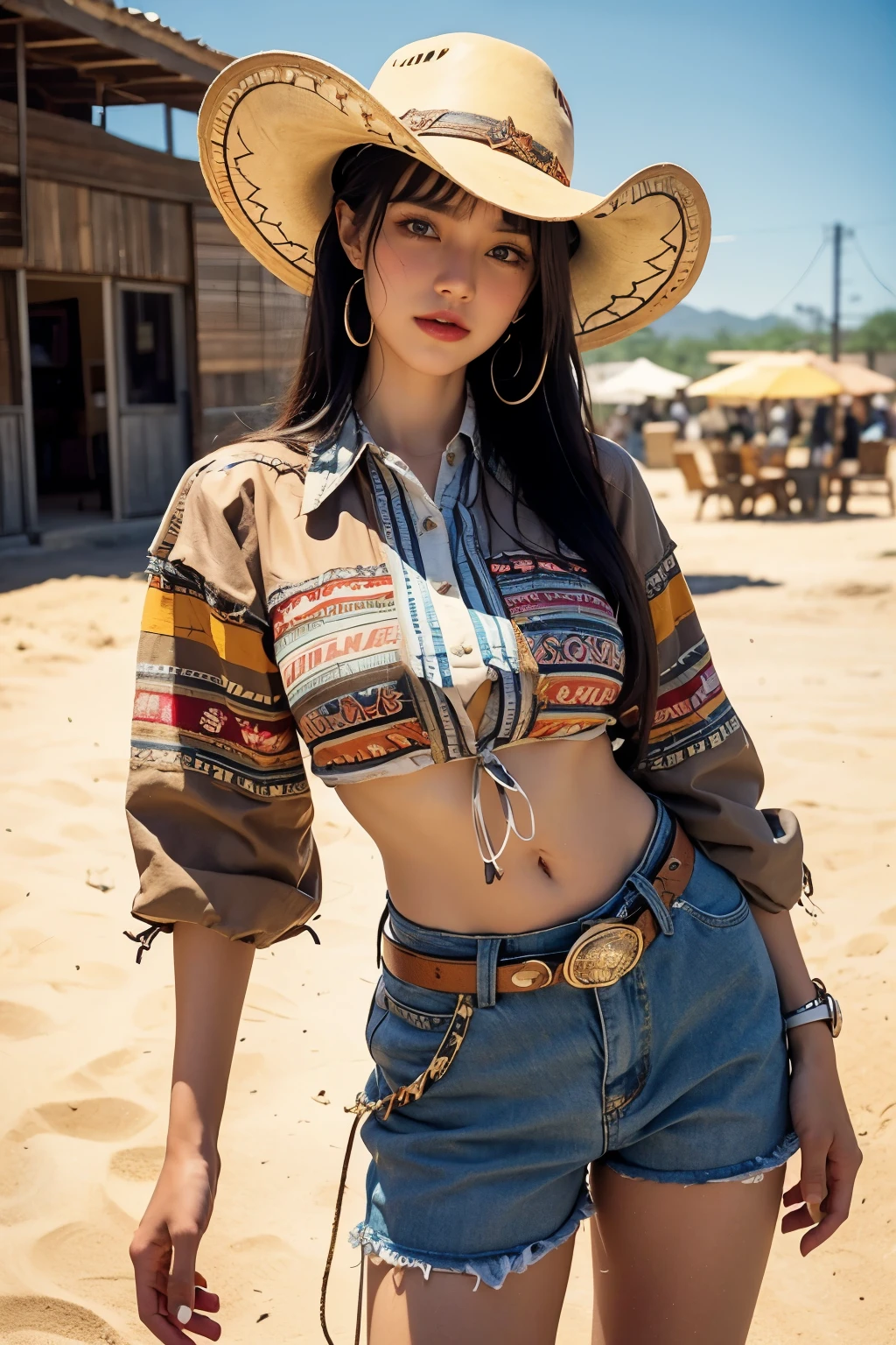 cowboy fashion, Vibrant Texas Landscape, groovy style, nostalgic atmosphere, vibrant tomb floor:0.2 Groovy image of a female cowboy in 80s outfit, Immerse yourself in the vibrant atmosphere of Texas. His attire reflects the fashion trends of the time., soft pattern. cowboy scene is full of dust., Vibrant Texas Sands, And the cowboy moves to the rhythm of the bait. The nostalgic atmosphere transports viewers back to the vibrant and energetic era of the 80s, Capturing the spirit of fun, , The self-expression and, black short hair with bangs, Midshot, central image, ultra detail, Very facial detail, Very eye-fine, female,