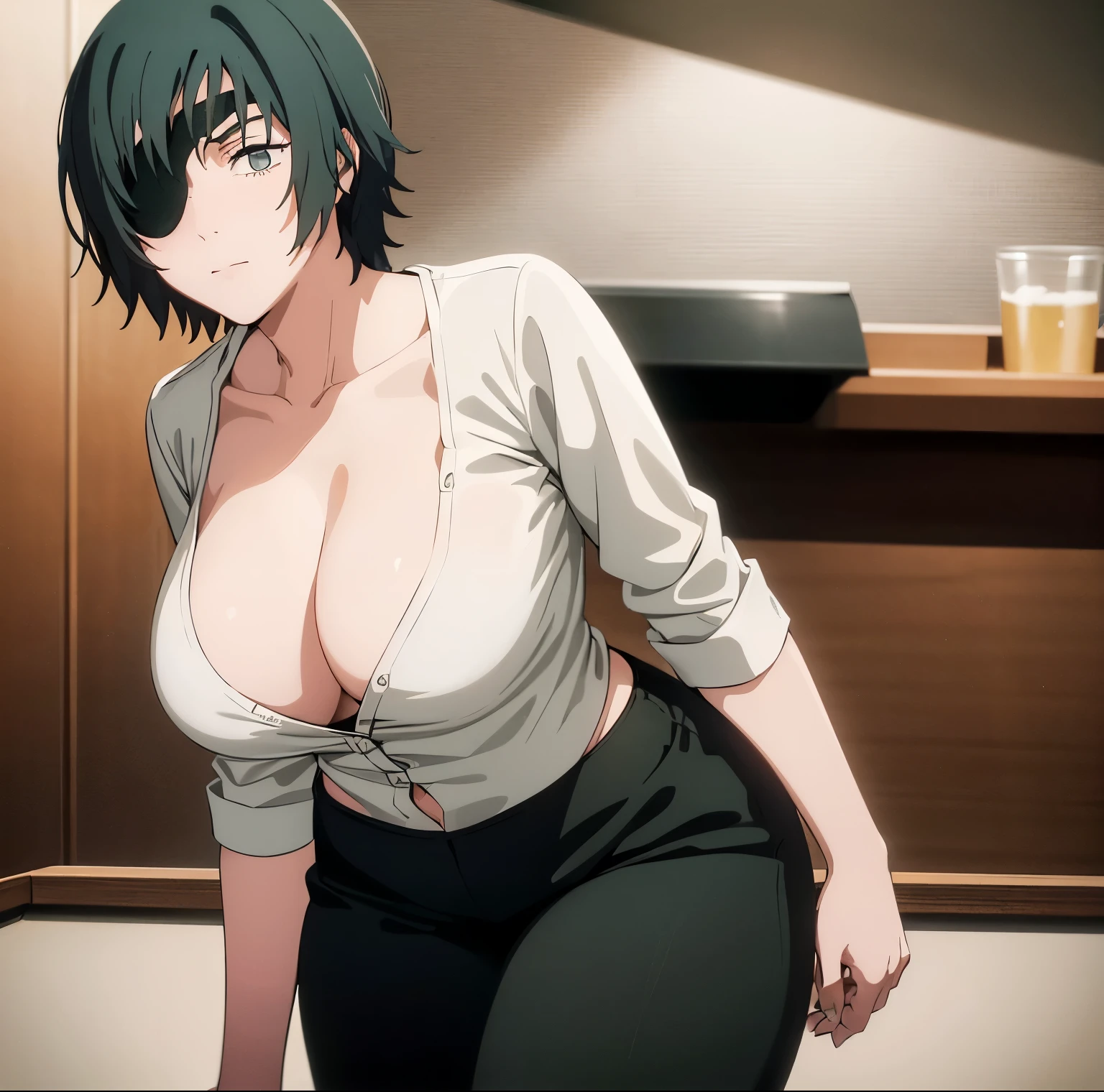 1girl, alone, himeno (chainsaw man), short hair, black hair, black pirate eye patch, green eye, large breasts, medium waist, wide hips, medium thighs, eye patch, Indoor, in office, standing, (white shirt: 1.3), open shirt, short sleeve, (neckline: 1.3), (black pants: 1.3) tight pants, nsfw, detailed eyes, sexy pose, 1 girl, best quality, shy face, seductive, sexy posture, curvy body, mature woman, 4k, detailed body, detailed face, masterpiece, looking at viewer, head on, focus on breasts, pov (from Middle), (perfect hands), (perfect anatomy)