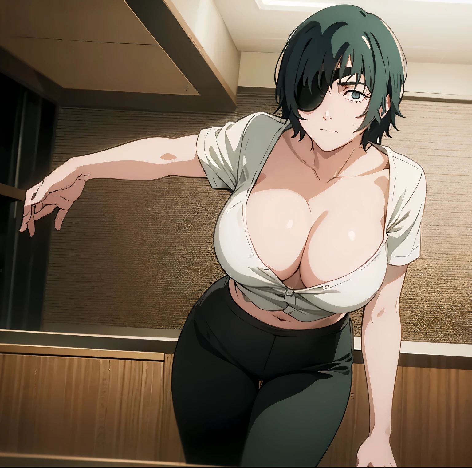 1girl, alone, himeno (chainsaw man), short hair, black hair, black pirate eye patch, green eye, large breasts, medium waist, wide hips, medium thighs, eye patch, Indoor, in office, standing, (white shirt: 1.3), open shirt, short sleeve, (neckline: 1.3), (black pants: 1.3) tight pants, nsfw, detailed eyes, sexy pose, 1 girl, best quality, shy face, seductive, sexy posture, curvy body, mature woman, 4k, detailed body, detailed face, masterpiece, looking at viewer, head on, focus on breasts, pov (from Middle), (perfect hands), (perfect anatomy)