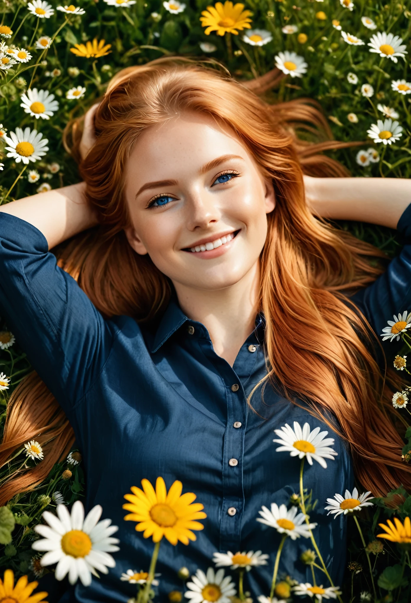 1 beautiful girl, 20yo, long red-blonde hair, blue eyes, smile, (lies on her back in a flower meadow), ((her both arms folded behind her head)), wearing a dark blue shirt,
(masterpiece:1.2), (best quality:1.2), ultra-detailed, best shadow, detailed background, high contrast, (best illumination, an extremely delicate and beautiful), ((cinematic light)), hyper detail, dramatic light, intricate details, 8k, very aesthetic, photorealistic,