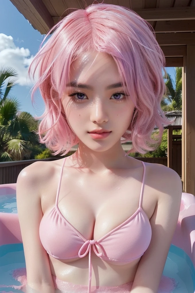 arafed woman in a pink bikini and hat in a hot tub, smooth pink skin, cute girl with short pink hair, pale pink bikini, pink girl, light pink bikini, with pink hair, pastel pink skin tone, pink skin, some pink, pink pastel, pastel pink, pink body, flowing pink hair, pink vibe, big breasts,