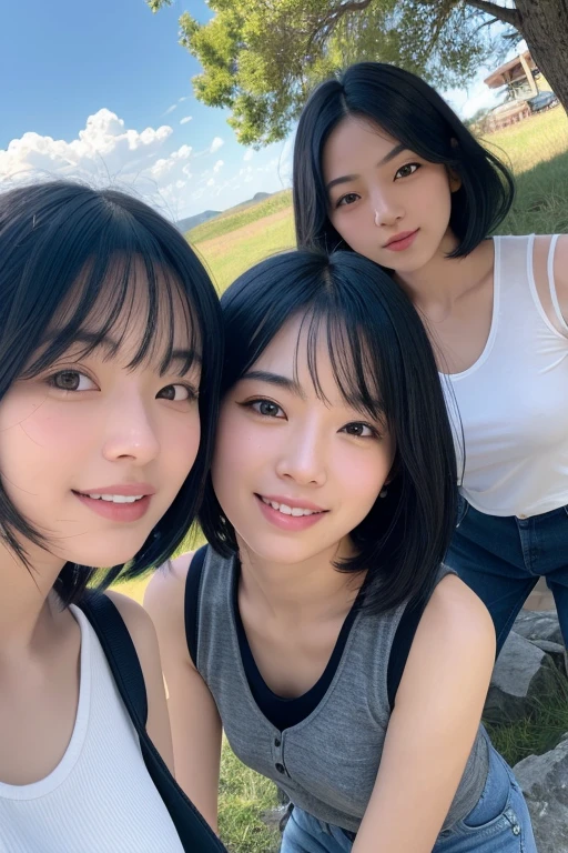 Three smiling girls, Blowing in the wind for a long time [Blue-black:.3] hair,View Audience, (masterpiece:1.3), (8K, Realistic, RAW Photos, Highest quality: 1.4), Japanese, (One Girl), Beautiful Face, (Realistic Face), (black hair, short hair:1.3), beautiful hairstyle, Realistic eyes, Beautiful details, (Realistic Skin), Beautiful Skin, charm, Ultra-high resolution, Ultra-realistic, Very detailed, Mountaineering, Shooting with a smartphone, Nipples