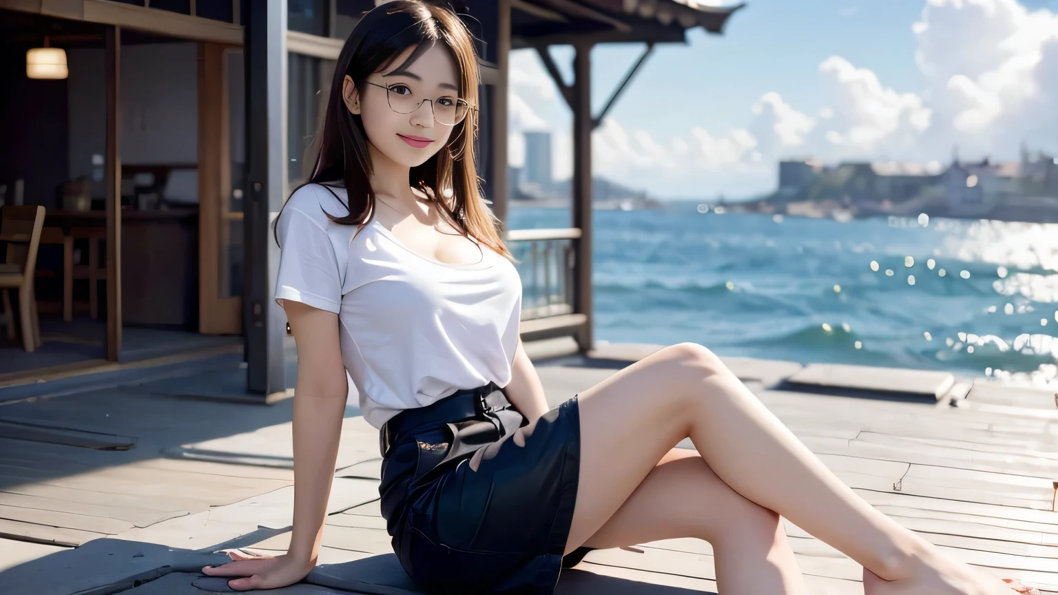 Japanese black-haired high school girl。Wearing glasses。A very cute face like a popular idol。Translucent white skin。Thigh-length T-shirt。Very slim and beautiful legs。Sitting on the seaside。Her breasts are so big they almost burst out of her T-shirt。I can see her cleavage。Smiling slightly at the camera。Real Video。