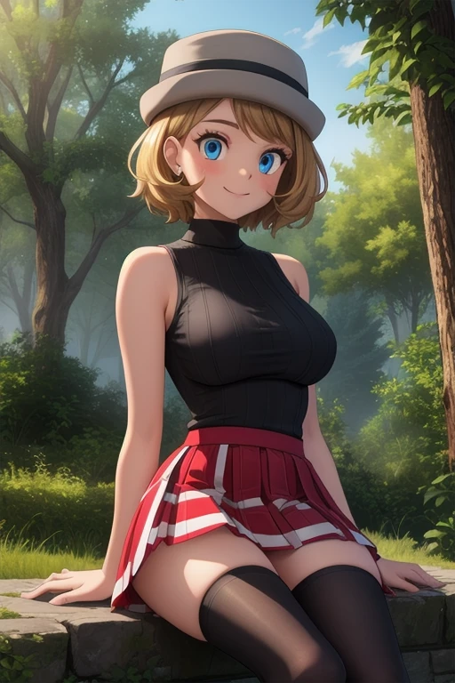 pkmnserena, 1girl, solo, blue eyes, blonde hair, short hair, bangs, hat, grey headwear,
black shirt, turtleneck, sleeveless, red skirt, pleated skirt, black thighhighs,
smile,closed mouth,cowboy shot,sitting,
forest,outdoor,
(insanely detailed, beautiful detailed face, masterpiece, best quality) cinematic lighting, sexy armpits