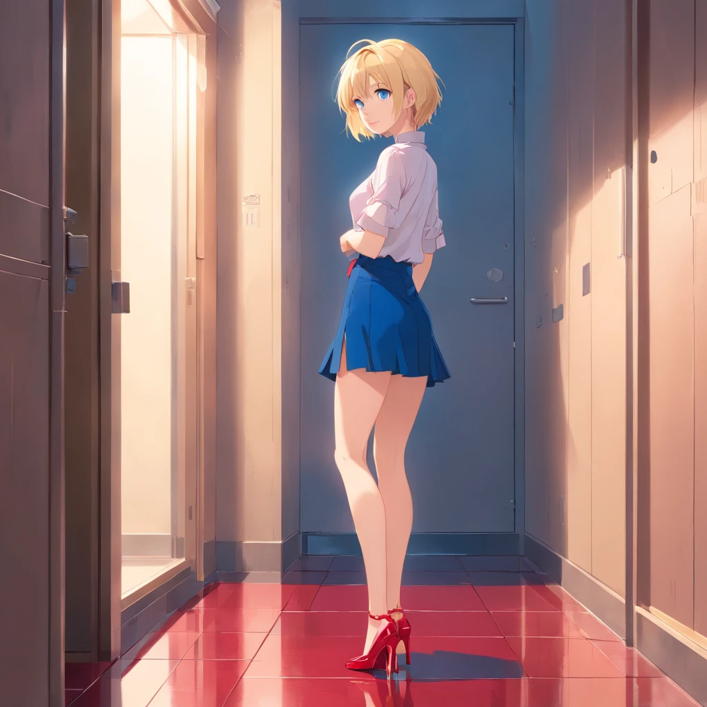 Women, ((Blonde)), ((Blue eyes)), ((Short hair)), ((Full shot)), very detailed makeup, pale pink lipstick, long earrings, Standing leaning against a wall, wearing very sexy red lace underwear and high heels ((wearing high heels)) ((Full Body)) ((wet floor))