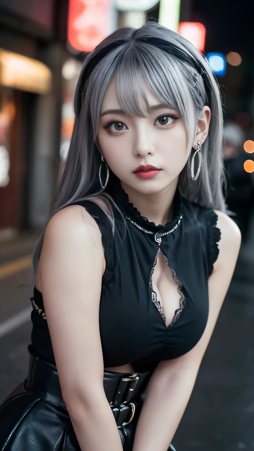 highest quality,High resolution、High resolution、( masterpiece),Gray Hair, Silver Hair、Golden Eyes,ゴシックpunkの衣装、look up, Upper Body,Hair bundle,Fair skin,(realism:1.5、Realistic、Photorealistic、Raw photo)、black、Earrings、amount、Goth icskirt、Goth_punk, One Woman、alone, ((Midnight、Neon Town)), Looking at the audience, Portraiture, Side Lock、Realistic textured face and body、Super big boobs:1.3、Narrow waist、Deep Red Lipstick、Thick lips、Swollen eyes、Red eyeshadow、超A high resolution 、SLR、Portrait、Dynamic pose、