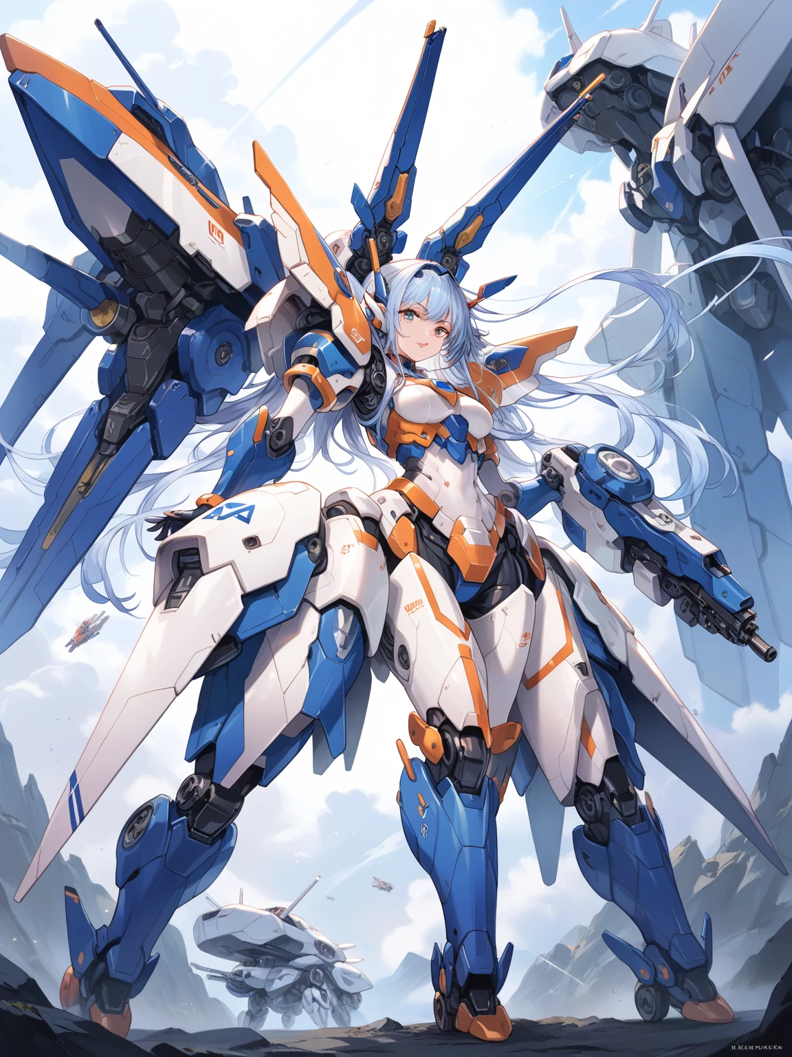 score_9, score_8_up, score_7_up, source_anime,masterpiece, best quality, high resolution, extremely detailed CG, absurdres, highres, ((perfect face, detailed face)), 1girl, solo, A mecha centaur girl, mecha girl, ((white_outfit with blue_praints)), holding weapon, mecha long gun, outdoors, (blue_hair, orange_armor), high contrast, ((gloss))