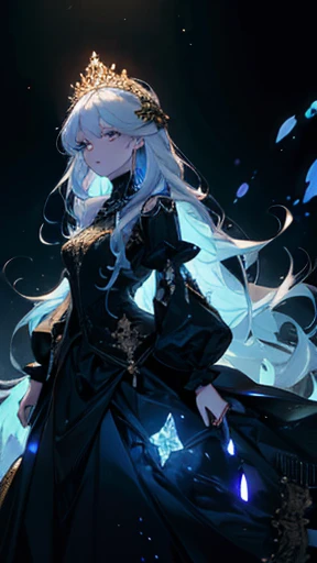 A princess, black (bioluminescent dress), long hair, crystal, flowers, gold