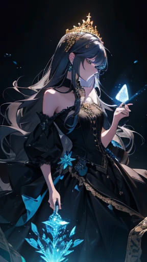 A princess, black (bioluminescent dress), long hair, crystal, flowers, gold