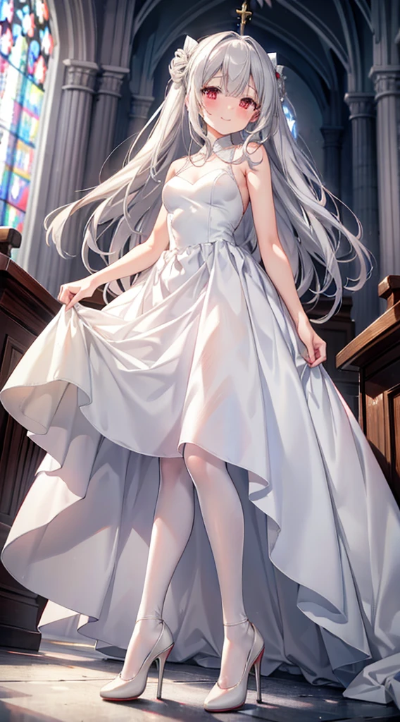 Gray Hair Red Eye Long Hair Lori slender Wedding dress White Stockings White high heels church Beauty cute blush smile happy tears