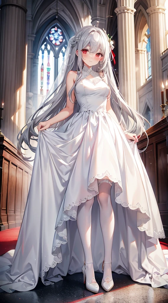 Gray Hair Red Eye Long Hair Lori slender Wedding dress White Stockings White high heels church Beauty cute blush smile happy tears