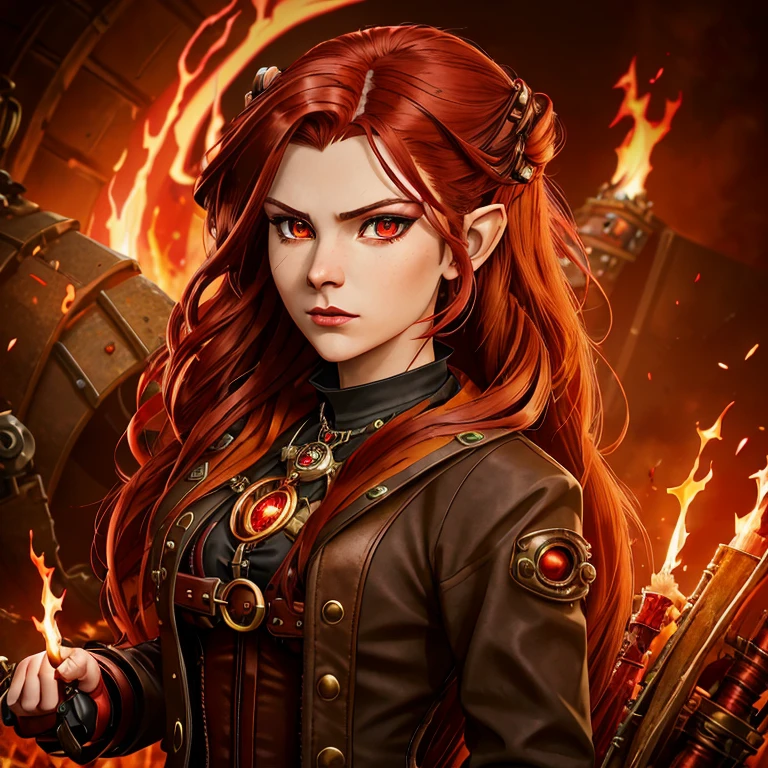 (girl with modest black and red steampunk outfit, steampunk goggles on forehead), wide shot, full body, front view, (((crimson eyes))), crimson hair, long hair, (perfect hands), gold necklace with red gem, flames surround her, wreathed in flame, global illumination, determined look at the viewer, illustrations, high-quality, ultra-detailed, vivid colors, portraits, warm color tones, soft lighting, long flowing red hair,  leather corset, mechanical accessories, industrial background, intense expression, flaming red eyes, (infernal aura), standing before a roaring bonfire, passionate expression, twilight, fiery landscape, crackling flames, intense atmosphere, (crackling embers), (dancing flames), Ignia, fiery eyes, background of blazing inferno