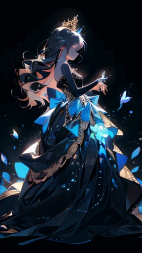 A princess, black (bioluminescent dress), long hair, crystal, flowers, gold
