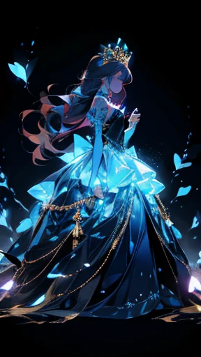A princess, black (bioluminescent dress), long hair, crystal, flowers, gold