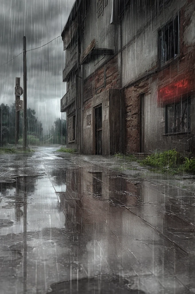 (Armageddon),Dilapidated city,Plants climbing all over the walls ,Night,raining heavily,Black rain,(Fog,dense fog),Dilapidated streets,Dimly lit alley,(gloomy lighting),relic,(Dilapidated buildings),(Uninhabited city),Spooky atmosphere