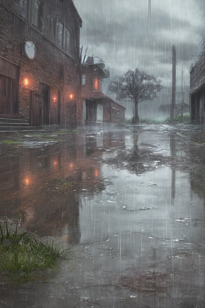 concept art, No humans, Puddle, rustic, rain, cloudy,