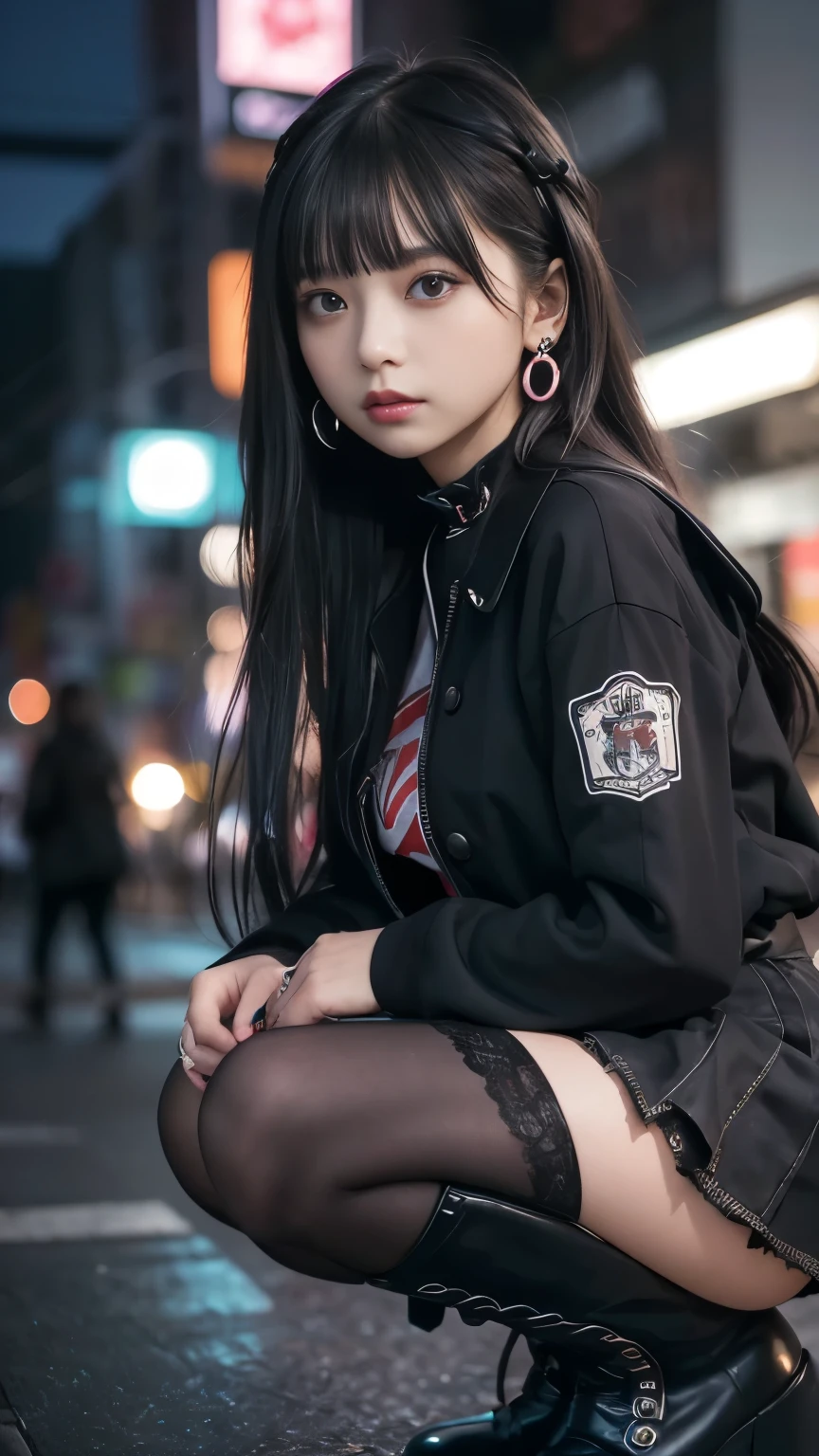 highest quality,High resolution、High resolution、( masterpiece),Colorful Hair、ゴシックpunkの衣装、look up, Upper Body,Hair bundle,Fair skin,(realism:1.5、Realistic、Photorealistic、Raw photo)、black、cool、wonderful、beautiful、Earrings、amount、Goth icskirt、Goth_punk, One Woman、alone, ((Midnight、Neon Town)), Looking at the audience,Leather clothing、Long sleeve, Portraiture, Side Lock、Realistic textured face and body、Super big boobs:1.3、Narrow waist、Knee-high boots、Deep Red Lipstick、Thick lips、Swollen eyes、blackのアイシャドウ、超A high resolution 、SLR、Portrait、Dynamic pose、Degrees of Freedom:1.8、Perfect Anatomy、
