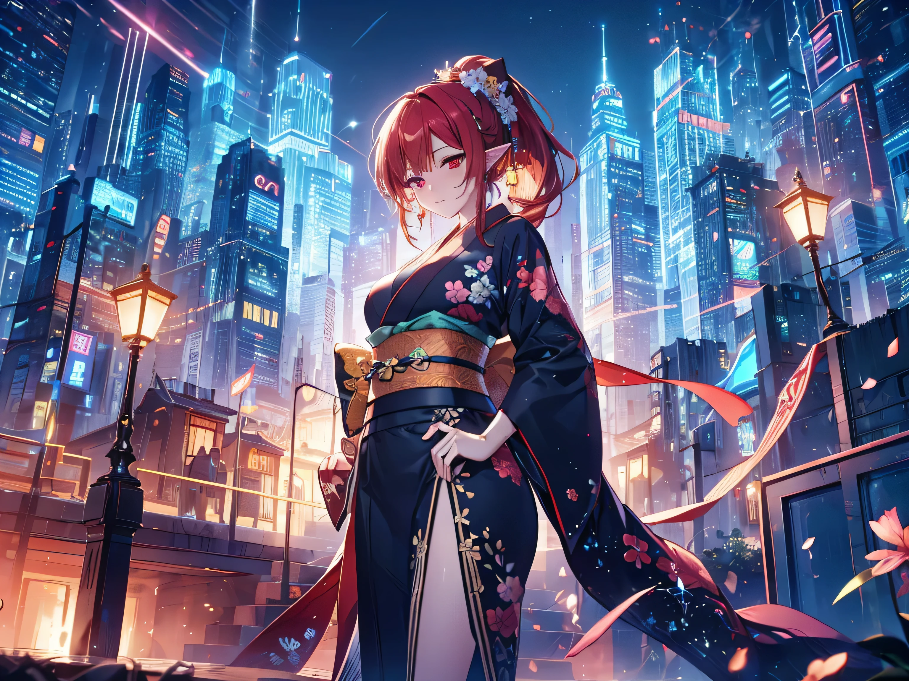 Long, narrow eyes, Night view, firework, masterpiece, highest quality, High resolution, Highly detailed CG, Absurd, Wear a thick black kimono, Layering, Red Accessories , various expressions, null, Elf Ears, Beautiful detailed woman, Game CG, Spring flower, ponytail, long red hair, Red eyes,Stylish accessories solo, Big Breasts, woman, Take-out, Provocative laughter,40 year old woman,The Queen of Sadism, Ultra-detailed backgrounds, Amazing writing style, Pose with one hand on hip, period drama,