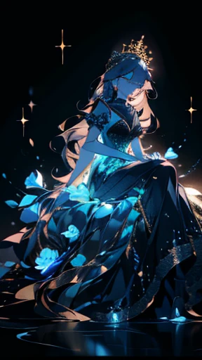 A princess, black (bioluminescent dress), sitting, crystal, flowers, gold
