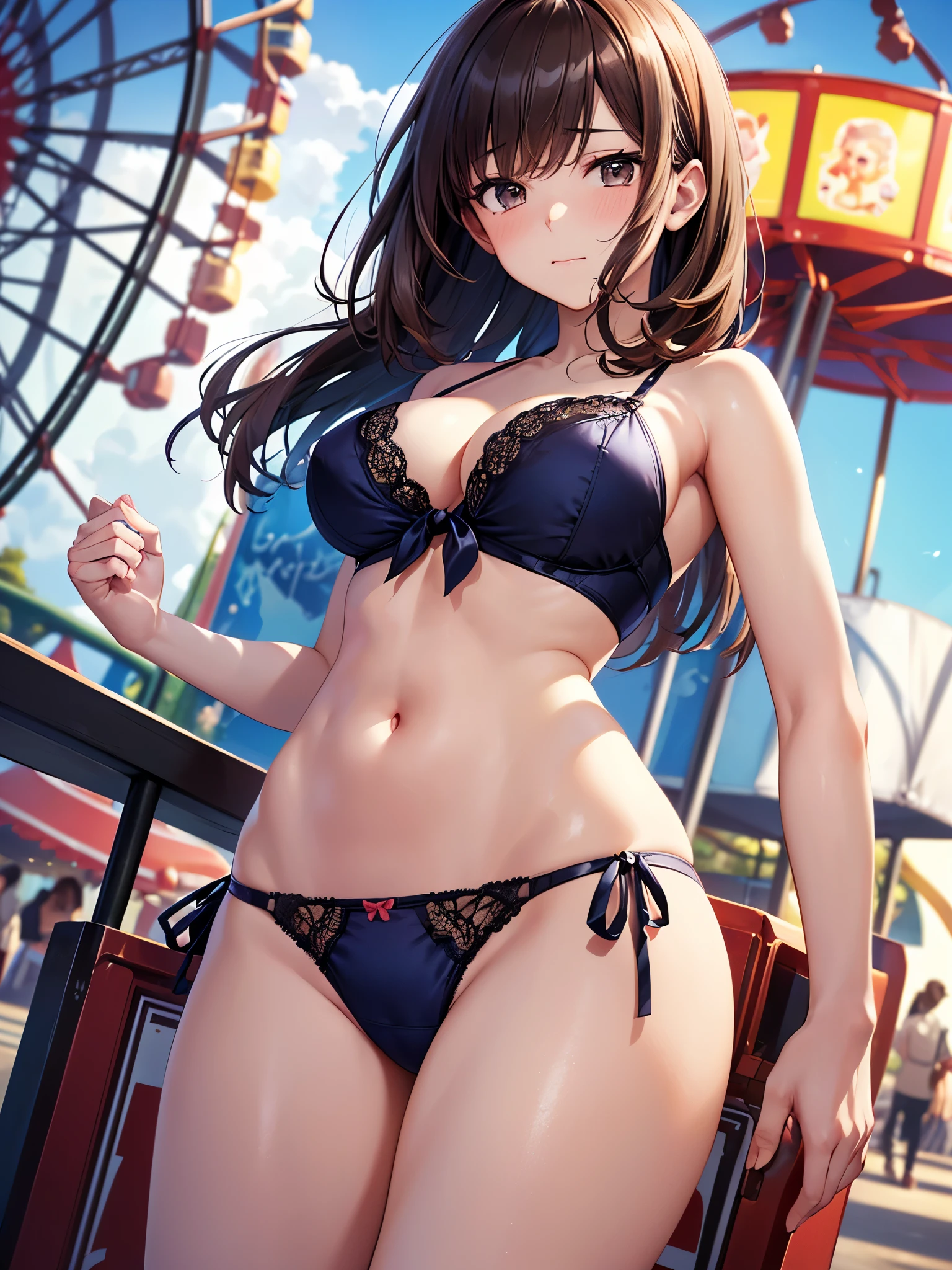 (((masterpiece, highest quality, High resolution, 超High resolution, Perfect Pixel, Depth of written boundary, 4K, RTTX 10.0))), Beautiful Anime Woman, Beautiful art style, Anime characters, ((Smooth texture, Realistic texture, Anime CG Style)), Exact finger count、Exact number of legs、(Exact number of arms:1.0, Exact number of hands:1.0), (Perfect hands, Perfect Anatomy), Cinematic, Realistic, Extremely detailed CG, Daytime lighting, Perfect lighting, Best Shadow, The best natural light, whole body, Perfect body, (Slender body:1.2), ((Long Hair, bangs, Dark brown hair, Stylish hairstyle, Bobcut)), ((一人のcute女性は手で下着を隠そうとしながら恥ずかしそうに歩いている:1.4)), ((alone:1.0)), beauty, cute, (セクシーでcute水色下着, (Stylish shiny satin panties, Side-tie panties:1.3), (Thin panties:1.3), Micro lace satin bra)), (Beautiful and big breasts:1), (Beautiful and big breasts:1.1), (Beautiful and thin thighs:1.3), Feeling embarrassed, (blush:1.2), (Very embarrassed look:1.4), Troubled expression, (At an outdoor amusement park, There is a Ferris wheel and people having fun behind it.々:1.3), naked, In underwear, Hide underwear with your hands